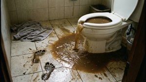 Et overfyldt toilet oversvømmer et badeværelsesgulv med mudrede fodaftryk.