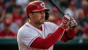 Baseball player in red and white uniform preparing to swing bat during game. — Cincinnati Reds Wallpaper