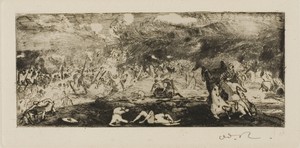 Battle by Odilon Redon, created 1865, in Etching and drypoint on ivory laid paper. Download this artwork as a high-resolution wallpaper for desktop, tablet, or — Illustration Background