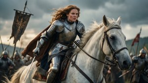 Joana d'Arc lidera uma carga heroica a cavalo.