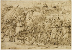 Battle Scene by Antonio Maria Viani, created n.d., in Pen and brown ink and brush and brown wash, over traces of black chalk, on ivory laid paper, laid down on — Illustration Background