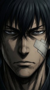 Intense close-up of Sousuke with bandages and shadowy lighting.