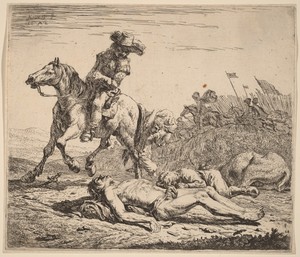 Battlefield by Karel du Jardin, created 1652, in etching and drypoint on laid paper. Download this artwork as a high-resolution wallpaper for desktop, tablet, o — Art Wallpaper