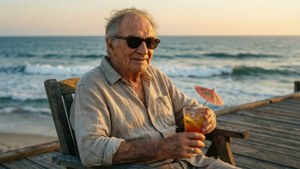 Walter Matthau entspannt bei Sonnenuntergang mit einem Getränk auf einem Pier