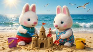 Une scène de plage estivale où Max et Ruby construisent un château de sable au bord de la mer.