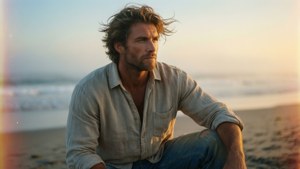 Golden hour strandportræt af Joseph Brown model med rolig stemning og bløde filmiske toner.