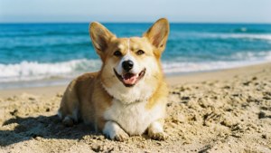 Happy Corgi enjoying a sunny beach day