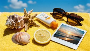 En lys sommer moodboard-bakgrunn med skjell og strandgjenstander