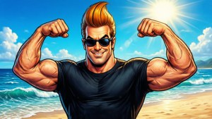 Johnny Bravo zeigt seine Muskeln am Strand mit einem selbstbewussten Grinsen.