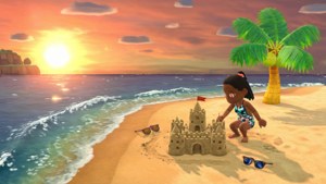 Animal Crossing strand solnedgang med en landsbyboer som bygger sandslott.
