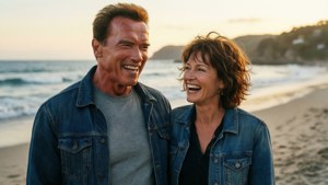 Harry ja Helen nauravat rannalla auringonlaskun aikaan