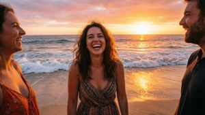 Alicia Banit ler med venner ved en strand solnedgang