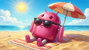Cartoon roze Android Jelly Bean die loungen op het strand met zonnebril en parasol