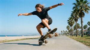 Een surfer die pompt op een surfskate langs een betonnen pad naast een strand met palmbomen