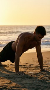Six-pack abs in a serene beach setting