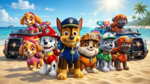 Les chiots de la Pat'Patrouille sur une plage ensoleillée avec des véhicules