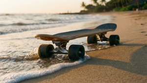 En surfskate parkeret på sandet ved siden af rolige havets bølger i den gyldne time