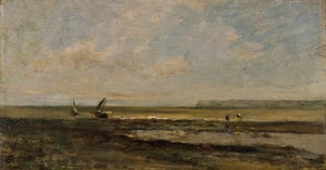 Beach Scene by Charles-François Daubigny, created after 1854, in oil on panel. Download this artwork as a high-resolution wallpaper for desktop, tablet, or mobi — Charles-François Daubigny Wallpaper