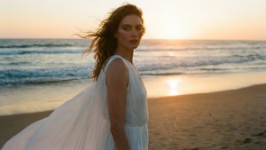 Elizabeth Debicki em uma cena serena de pôr do sol na praia.