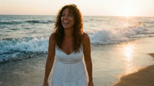 Sadie Sink laughing on a beach at sunset in a white dress, warm golden light.