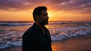 Akshay Kumar silhuett vid solnedgång på en strand