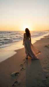 En kvinde, der går alene på en strand ved solnedgang, og omfavner ensomheden.