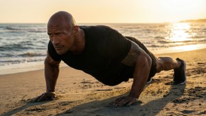 Dwayne Johnson gör armhävningar på stranden vid solnedgång.