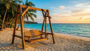 Un'altalena in legno su una spiaggia tropicale con palme e oceano al tramonto.