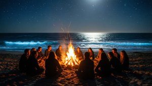 Venner samles rundt et bål på stranden under stjernene, rolig havutsikt