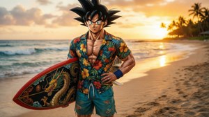Drip Goku in spiaggia con camicia floreale e tavola da surf