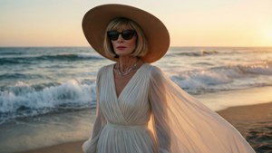 Anna Wintour i en hvid kjole ved havet ved solnedgang