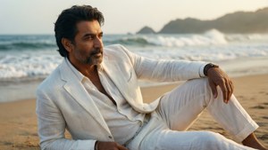 Arjun Rampal in white linen suit on beach, golden hour tranquility