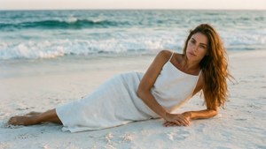 Bianca Censori in einem weißen Kleid an einem Strand bei Sonnenuntergang