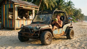 Sebuah mobil pantai diparkir sejenak di dekat gubuk pantai.