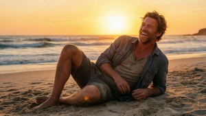 Ryan Kwanten profitant d'un coucher de soleil à la plage avec une expression joyeuse.