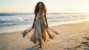 A woman in a flowing dress walks barefoot on a beach at sunset. — Meagan Good Wallpaper