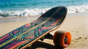 Eine Draufsicht-Nahaufnahme eines lebendigen Surfskates auf dem Sand mit dem Ozean im Hintergrund