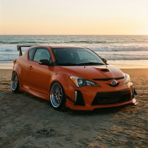 Scion tC på en strand i golden hour.