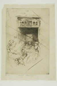 Bead Stringers by James McNeill Whistler, created 1880, in Etching and drypoint with foul biting, with drypoint cancellation, in black ink on ivory laid paper. — Illustration Background