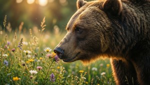 Een berensnuit in profiel die aan wilde bloemen snuffelt tijdens het gouden uur in een weide.