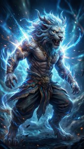 Fierce blue-furred lion-headed warrior radiating electric energy in a dark cosmic scene. — Enkidu Wallpaper