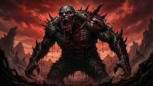Isaac muuttuu jättiläismäiseksi hirviöksi, karjuen punaisen taivaan alla eeppisessä traagisessa Binding of Isaac -taustakuvassa