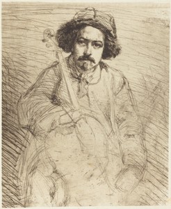 Becquet by James McNeill Whistler, created 1859, in etching on laid paper. Download this artwork as a high-resolution wallpaper for desktop, tablet, or mobile. — James McNeill Whistler Wallpaper