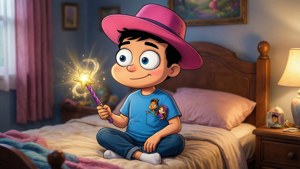 Timmy sul suo letto con Cosmo e Wanda, bacchetta luminosa