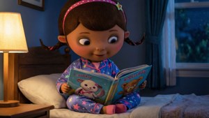 Doc McStuffins membacakan cerita sebelum tidur untuk teman-teman bonekanya.