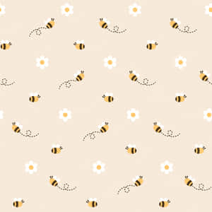 Bienen und Gänseblümchen in einem süßen, sich wiederholenden Muster auf beigem Hintergrund — Biene Und Welpenkatze Bild Wallpaper