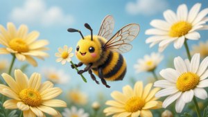 Kawaii bie med blomst i blå himmel, lys og glad bakgrunn.