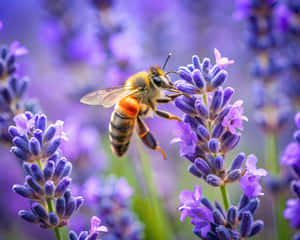 Eine Honigbiene schwebt in der Nähe von violetten Lavendelblüten in einem Garten — Mining Bee Wallpaper