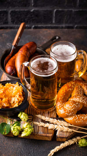 Two beer mugs with pretzels sausages and sauerkraut on a wooden board. — Beer Pong Wallpaper