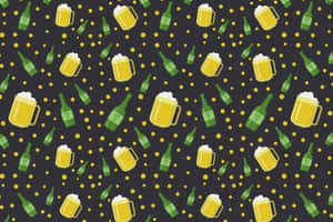 Dark gray background with repeating green beer bottles and yellow mugs with foam and yellow dots. — Design Wallpaper